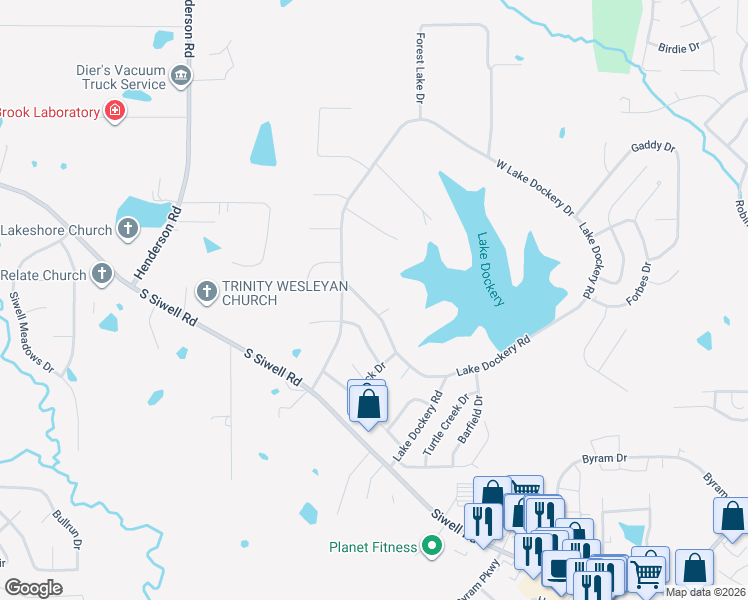 map of restaurants, bars, coffee shops, grocery stores, and more near 1060 Lake Dockery Road in Byram