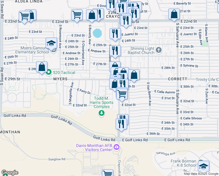 map of restaurants, bars, coffee shops, grocery stores, and more near 5409 East 30th Street in Tucson