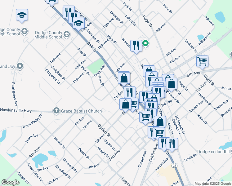 map of restaurants, bars, coffee shops, grocery stores, and more near 5207 Oak Street in Eastman