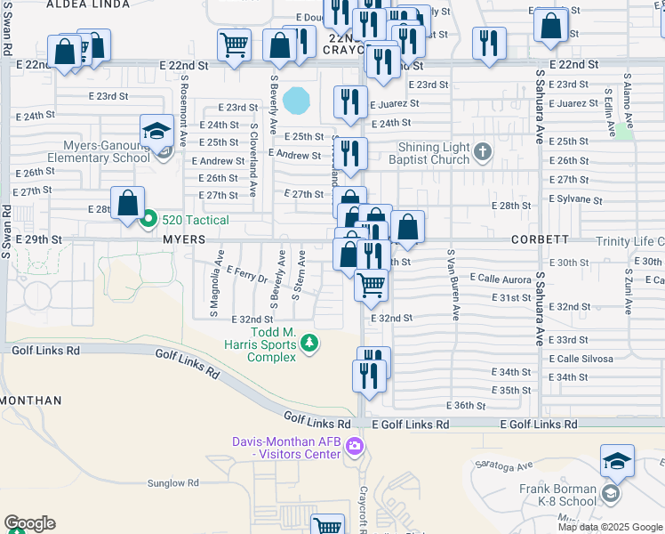 map of restaurants, bars, coffee shops, grocery stores, and more near 5402 East 30th Street in Tucson