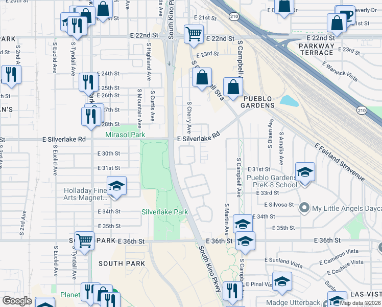map of restaurants, bars, coffee shops, grocery stores, and more near 1965 East Saint Thomas Street in Tucson