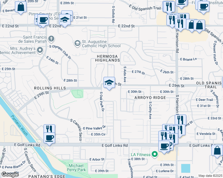 map of restaurants, bars, coffee shops, grocery stores, and more near 9066 East 29th Street in Tucson