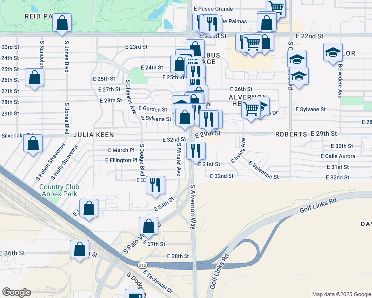 map of restaurants, bars, coffee shops, grocery stores, and more near in Tucson