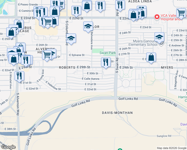 map of restaurants, bars, coffee shops, grocery stores, and more near 4502 East 30th Street in Tucson
