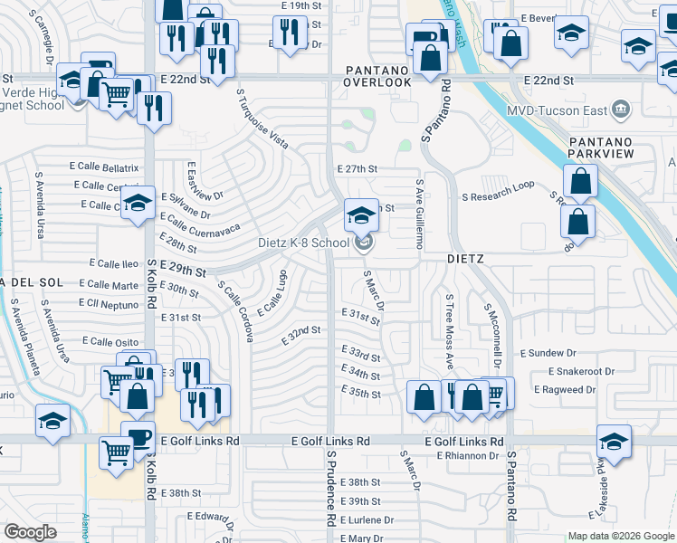 map of restaurants, bars, coffee shops, grocery stores, and more near 1915 South Prudence Road in Tucson