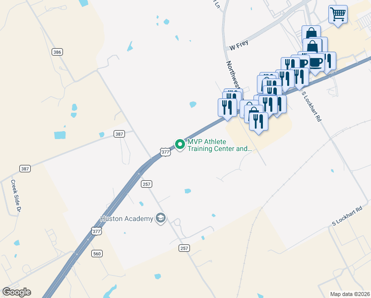 map of restaurants, bars, coffee shops, grocery stores, and more near 3058 West Washington Street in Stephenville