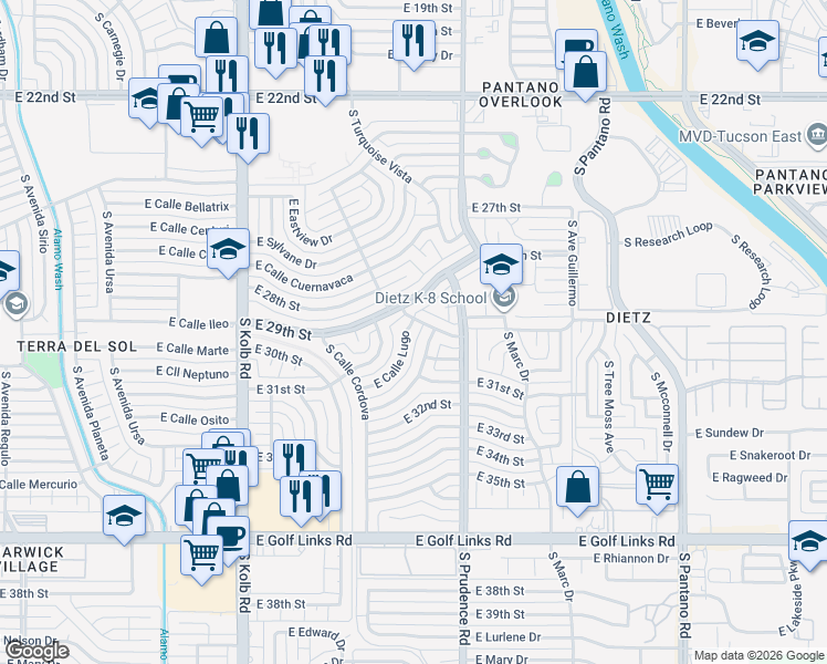 map of restaurants, bars, coffee shops, grocery stores, and more near 7336 East 29th Street in Tucson