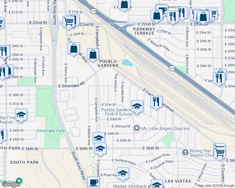 map of restaurants, bars, coffee shops, grocery stores, and more near 1926 South Olsen Avenue in Tucson