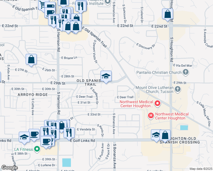 map of restaurants, bars, coffee shops, grocery stores, and more near 9850 East 29th Street in Tucson