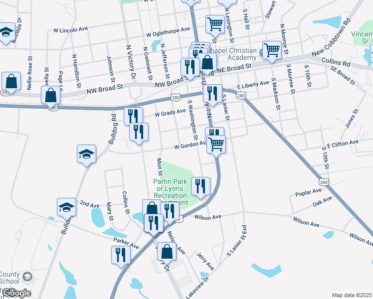 map of restaurants, bars, coffee shops, grocery stores, and more near 274 South Washington Street in Lyons