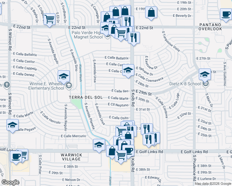 map of restaurants, bars, coffee shops, grocery stores, and more near 5 East Calle Ileo in Tucson