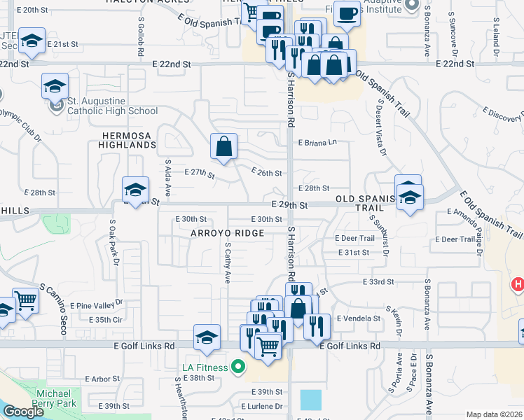 map of restaurants, bars, coffee shops, grocery stores, and more near 9412 East 29th Street in Tucson