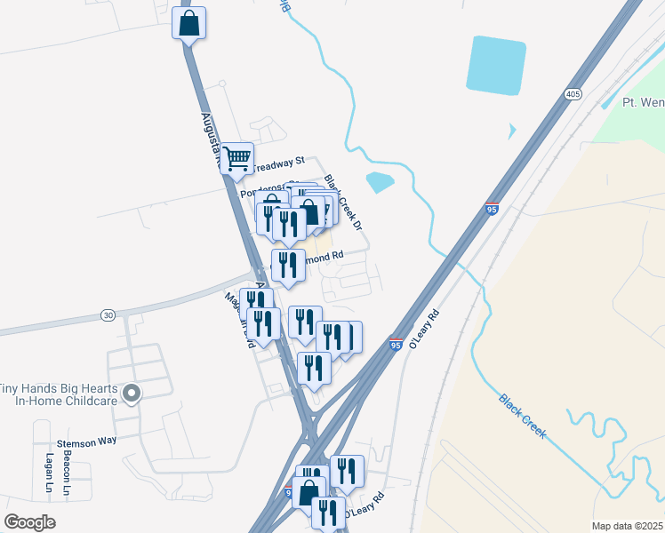 map of restaurants, bars, coffee shops, grocery stores, and more near 501 Old Richmond Rd in Port Wentworth
