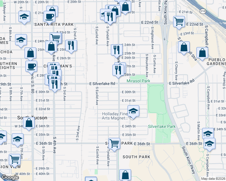 map of restaurants, bars, coffee shops, grocery stores, and more near 1950 South Park Avenue in Tucson