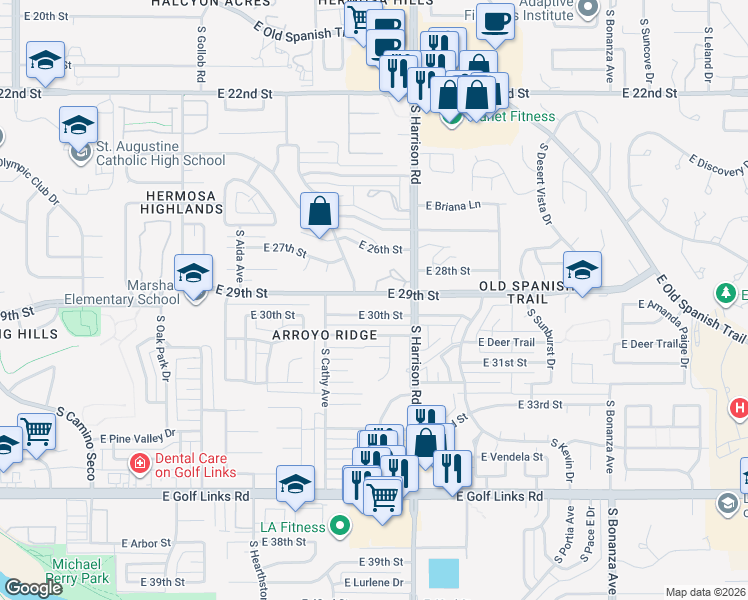 map of restaurants, bars, coffee shops, grocery stores, and more near 9412 East 29th Street in Tucson
