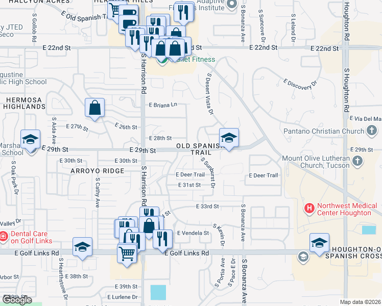 map of restaurants, bars, coffee shops, grocery stores, and more near 9630 East 29th Street in Tucson