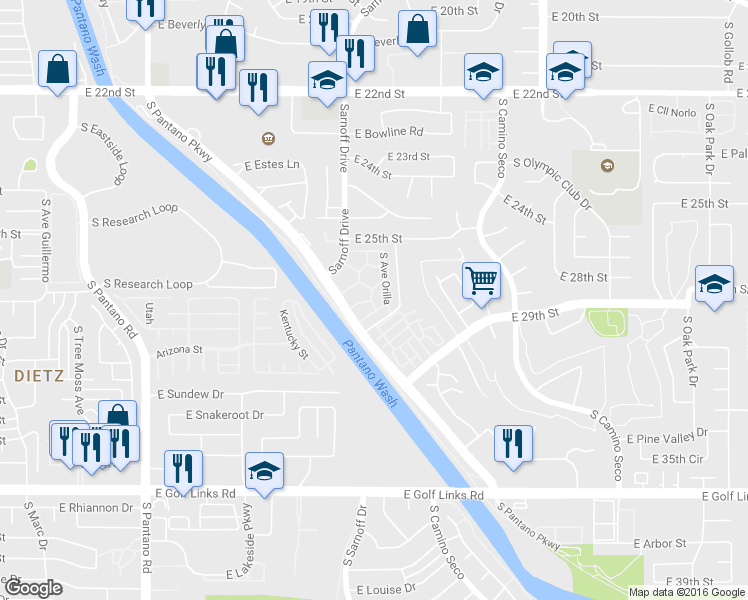 map of restaurants, bars, coffee shops, grocery stores, and more near 1903 S Avenida Prado in Tucson