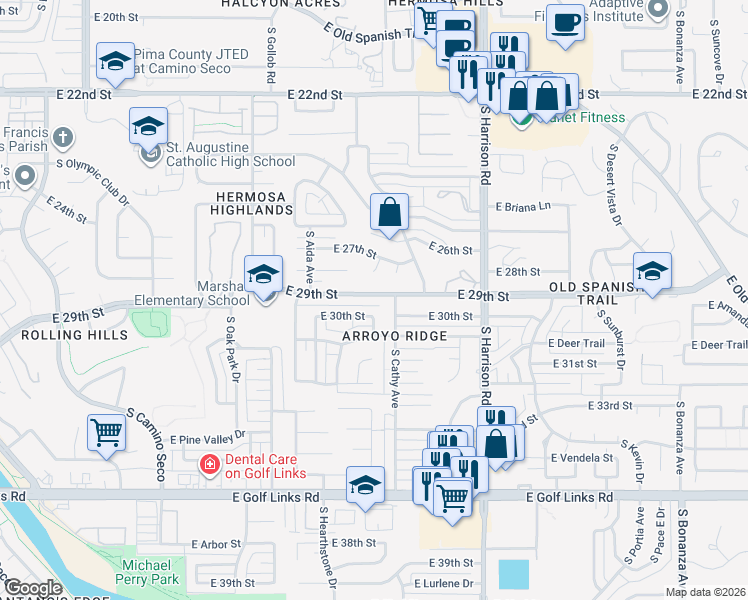 map of restaurants, bars, coffee shops, grocery stores, and more near 9280 East 29th Street in Tucson