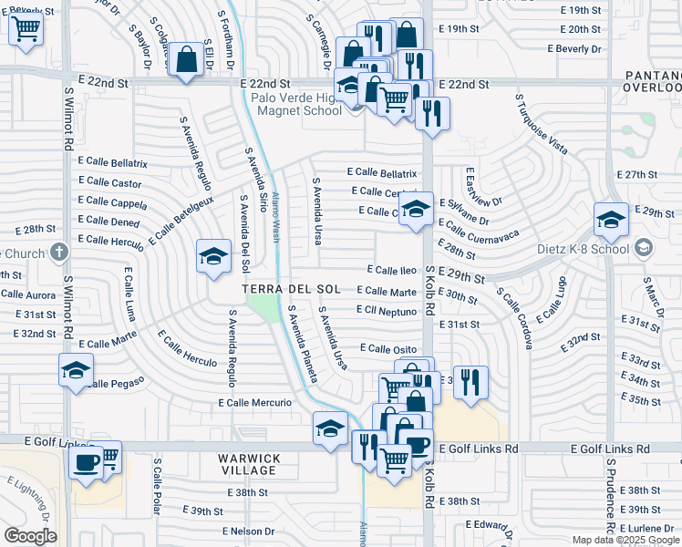 map of restaurants, bars, coffee shops, grocery stores, and more near 6918 East Calle Ileo in Tucson
