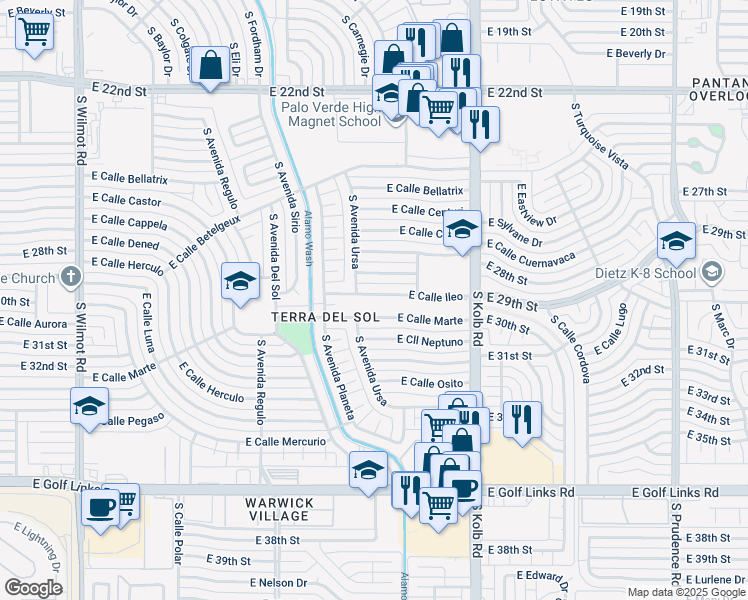 map of restaurants, bars, coffee shops, grocery stores, and more near 6918 East Calle Ileo in Tucson