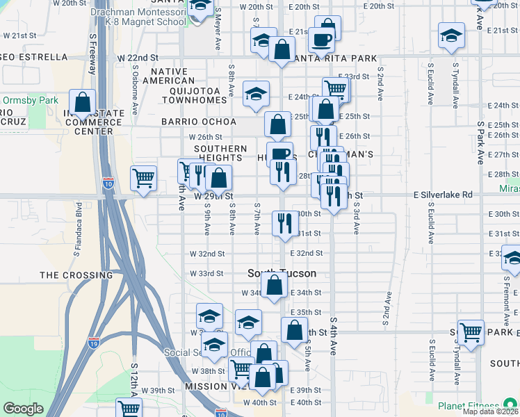 map of restaurants, bars, coffee shops, grocery stores, and more near 50 West 30th Street in Tucson