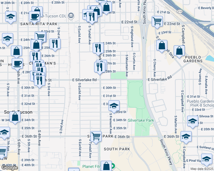map of restaurants, bars, coffee shops, grocery stores, and more near 1031 East 30th Street in Tucson