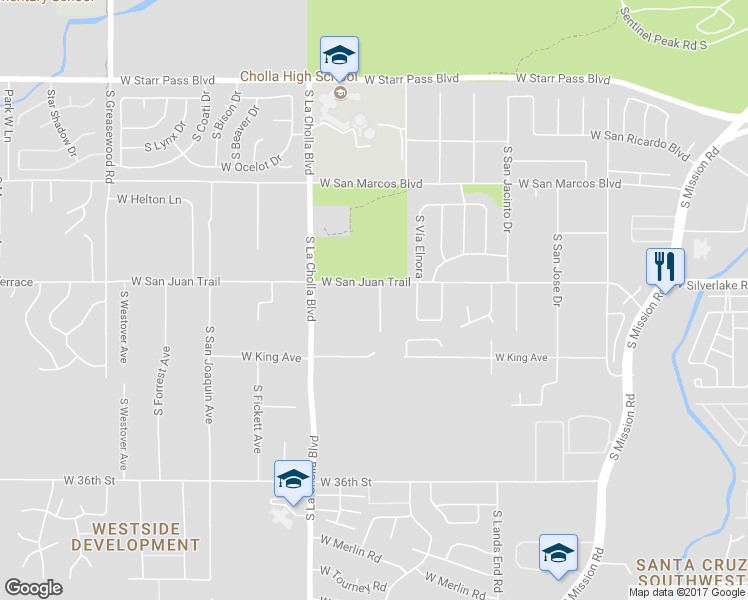map of restaurants, bars, coffee shops, grocery stores, and more near 1981 West San Juan Trail in Tucson