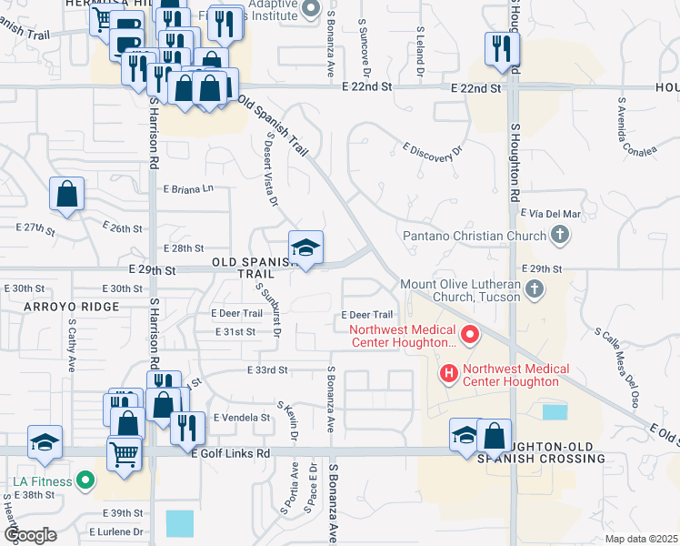 map of restaurants, bars, coffee shops, grocery stores, and more near 9925 East Amanda Paige Drive in Tucson