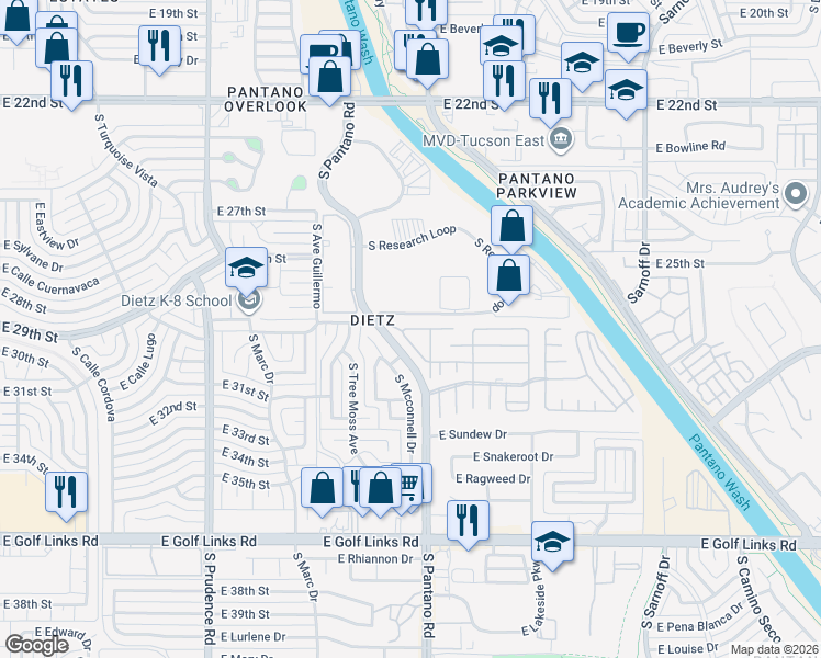 map of restaurants, bars, coffee shops, grocery stores, and more near 2121 South Pantano Road in Tucson