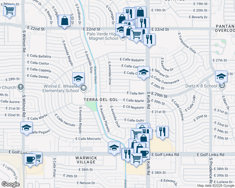 map of restaurants, bars, coffee shops, grocery stores, and more near 6918 East Calle Ileo in Tucson