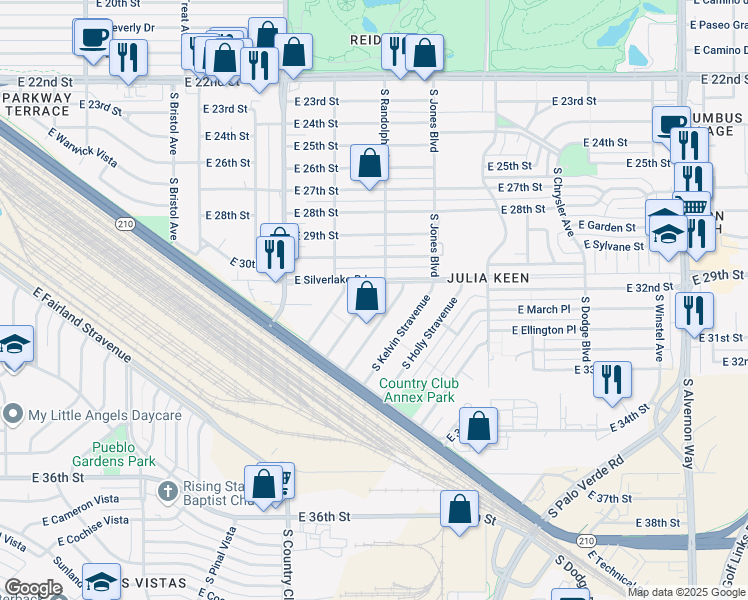 map of restaurants, bars, coffee shops, grocery stores, and more near 1930 South Howard Stravenue in Tucson