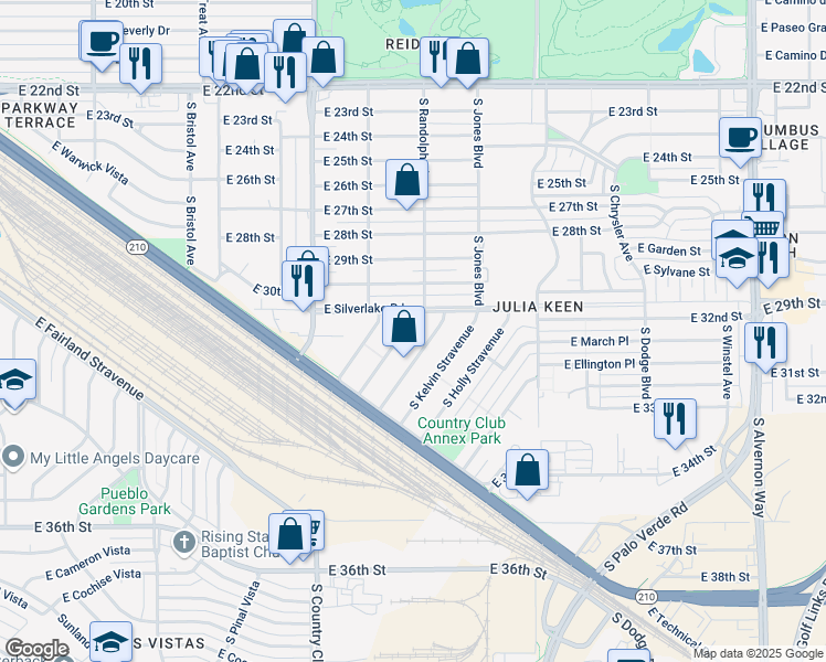 map of restaurants, bars, coffee shops, grocery stores, and more near 1930 South Howard Stravenue in Tucson