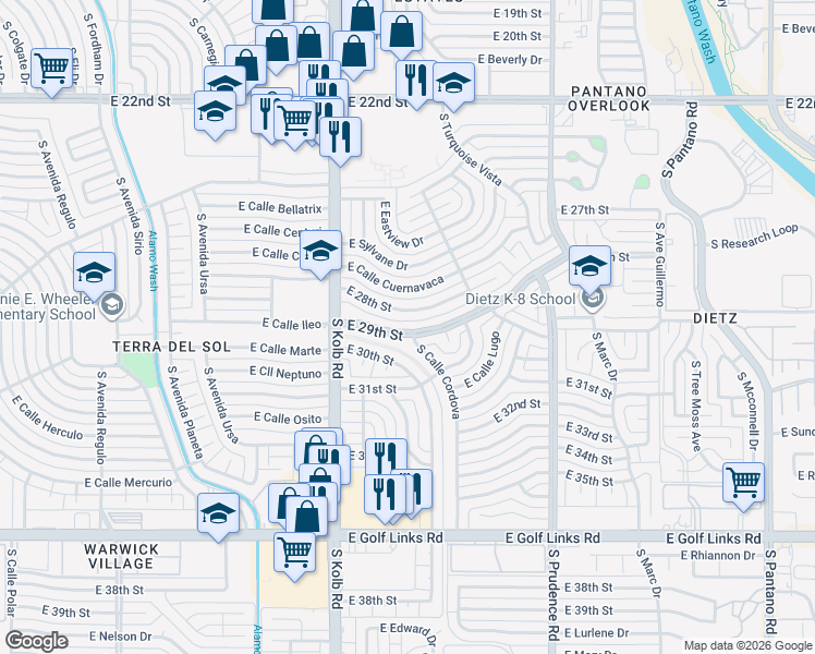 map of restaurants, bars, coffee shops, grocery stores, and more near 7217 East 29th Street in Tucson