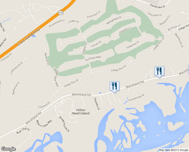 map of restaurants, bars, coffee shops, grocery stores, and more near 1 Camden Lane in Hilton Head Island