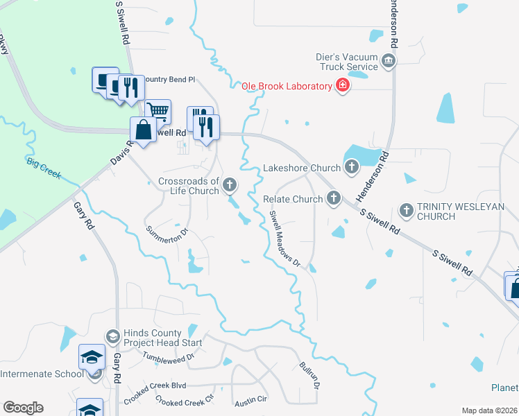 map of restaurants, bars, coffee shops, grocery stores, and more near 39 Water Oak Cove in Byram