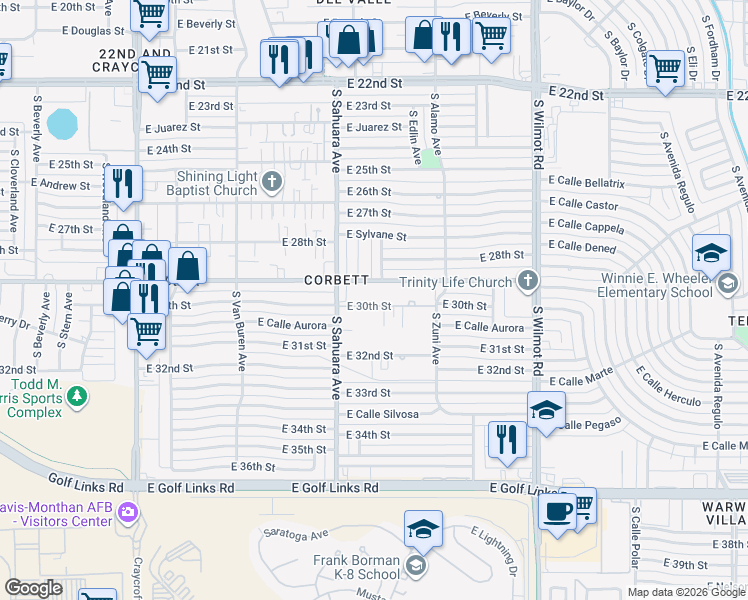 map of restaurants, bars, coffee shops, grocery stores, and more near 5947 East 30th Street in Tucson