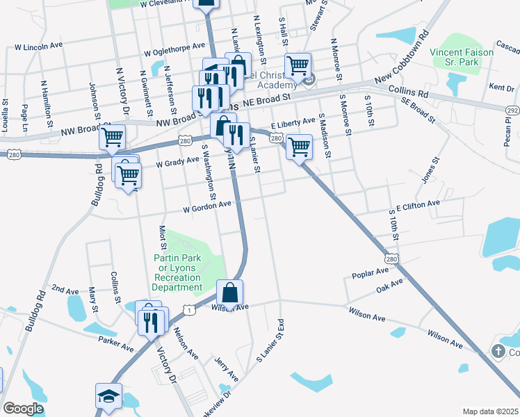 map of restaurants, bars, coffee shops, grocery stores, and more near 124 East Gordon Avenue in Lyons