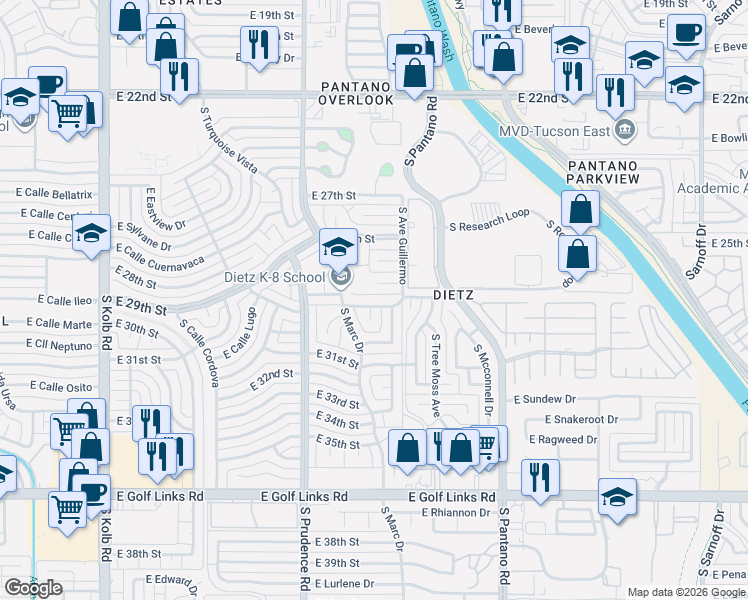 map of restaurants, bars, coffee shops, grocery stores, and more near 7657 East Palma Street in Tucson
