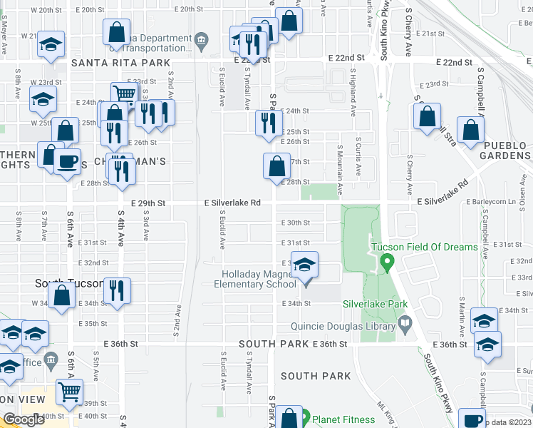 map of restaurants, bars, coffee shops, grocery stores, and more near 1950 South Park Avenue in Tucson