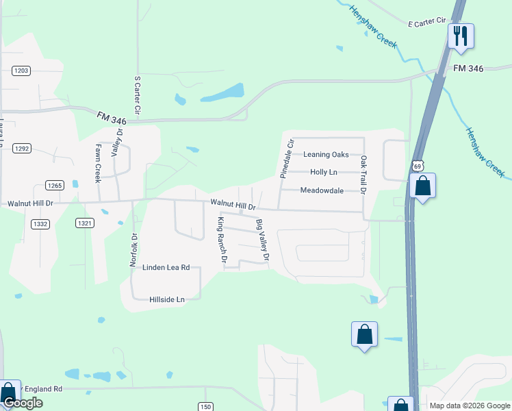map of restaurants, bars, coffee shops, grocery stores, and more near 6900 County Road 1215 in Flint