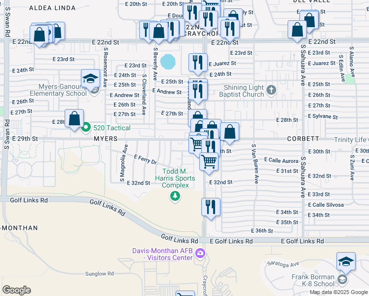 map of restaurants, bars, coffee shops, grocery stores, and more near 5409 East 30th Street in Tucson