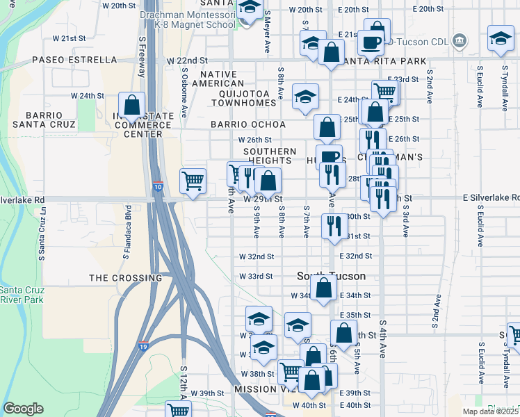 map of restaurants, bars, coffee shops, grocery stores, and more near 1907 South 9th Avenue in Tucson