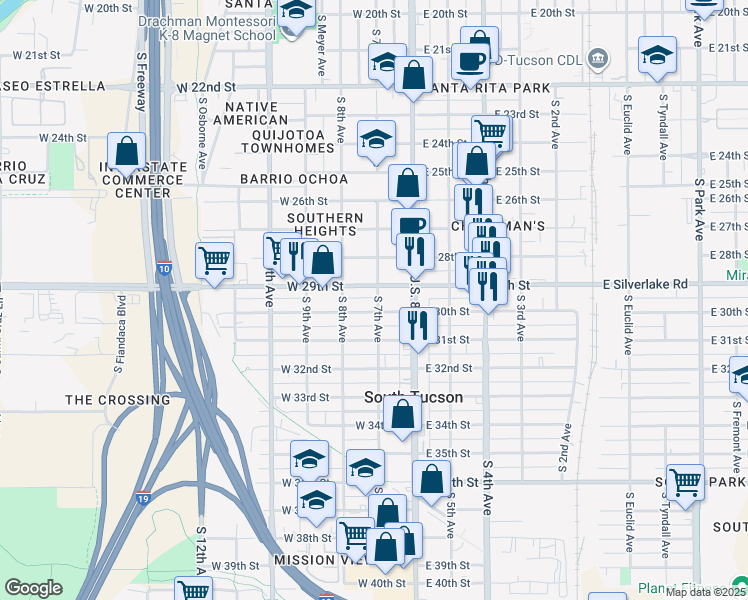 map of restaurants, bars, coffee shops, grocery stores, and more near 1910 South 7th Avenue in Tucson