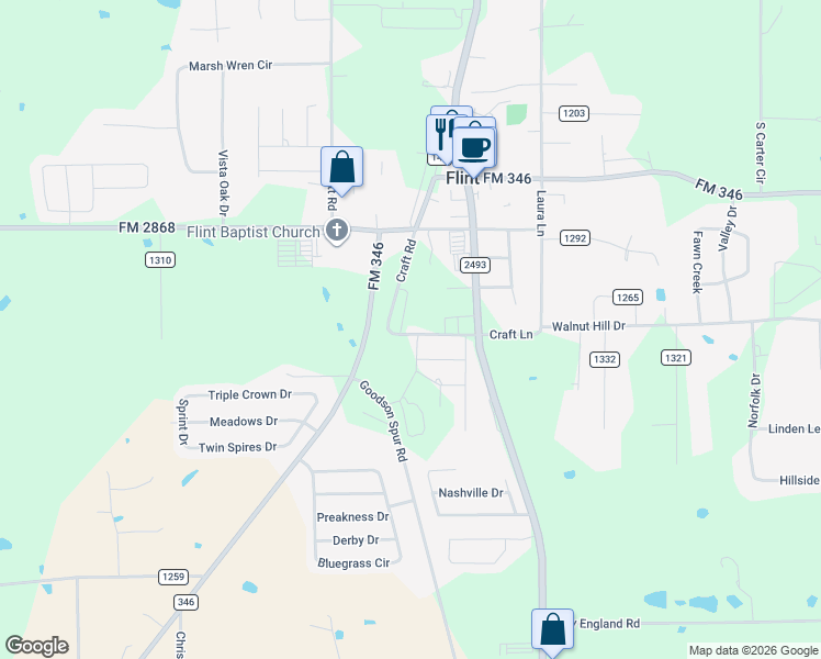 map of restaurants, bars, coffee shops, grocery stores, and more near 10958 County Road 148 in Flint