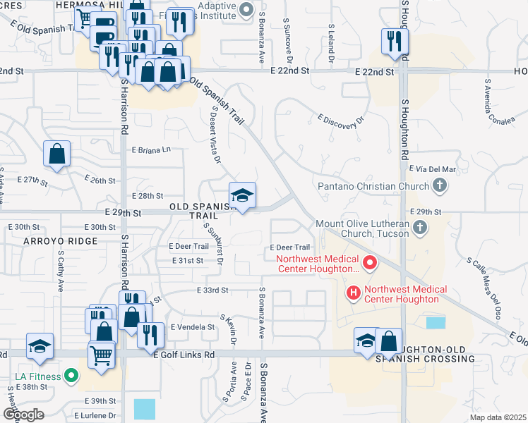 map of restaurants, bars, coffee shops, grocery stores, and more near 9925 East Amanda Paige Drive in Tucson