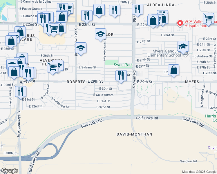 map of restaurants, bars, coffee shops, grocery stores, and more near 4441 East 30th Street in Tucson