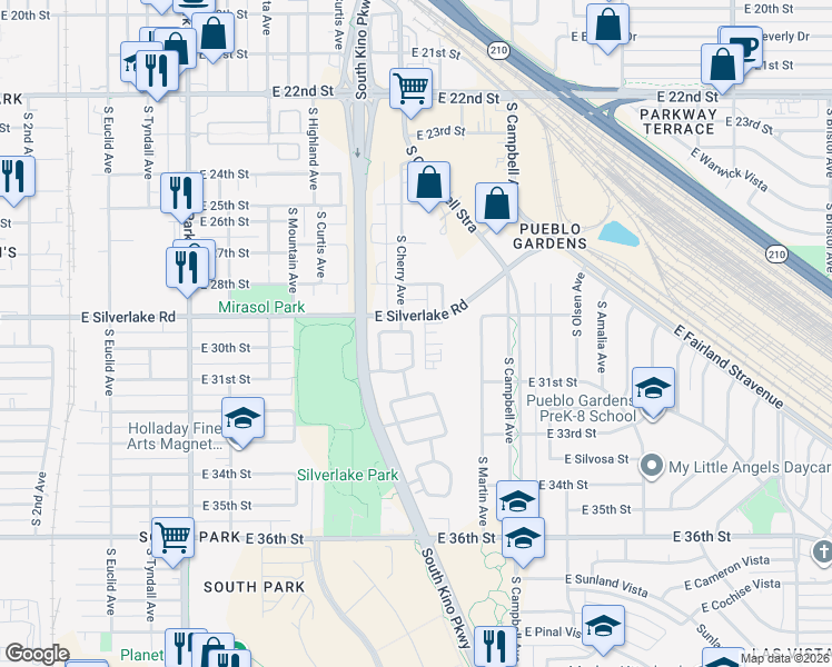 map of restaurants, bars, coffee shops, grocery stores, and more near 1965 East Saint Thomas Street in Tucson
