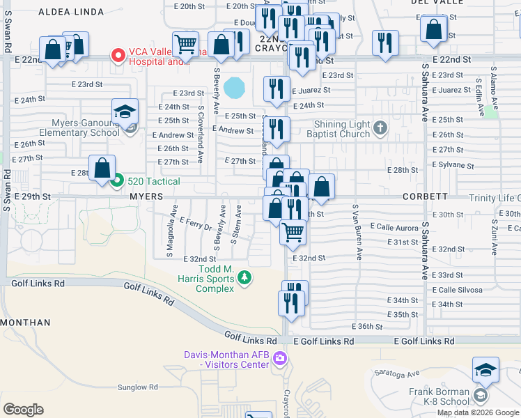 map of restaurants, bars, coffee shops, grocery stores, and more near 5409 East 30th Street in Tucson