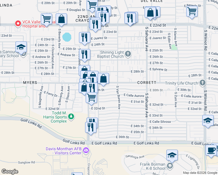 map of restaurants, bars, coffee shops, grocery stores, and more near 5623 East 30th Street in Tucson