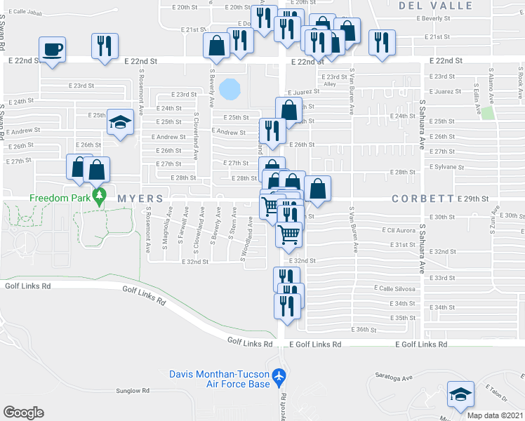 map of restaurants, bars, coffee shops, grocery stores, and more near 5409 East 30th Street in Tucson